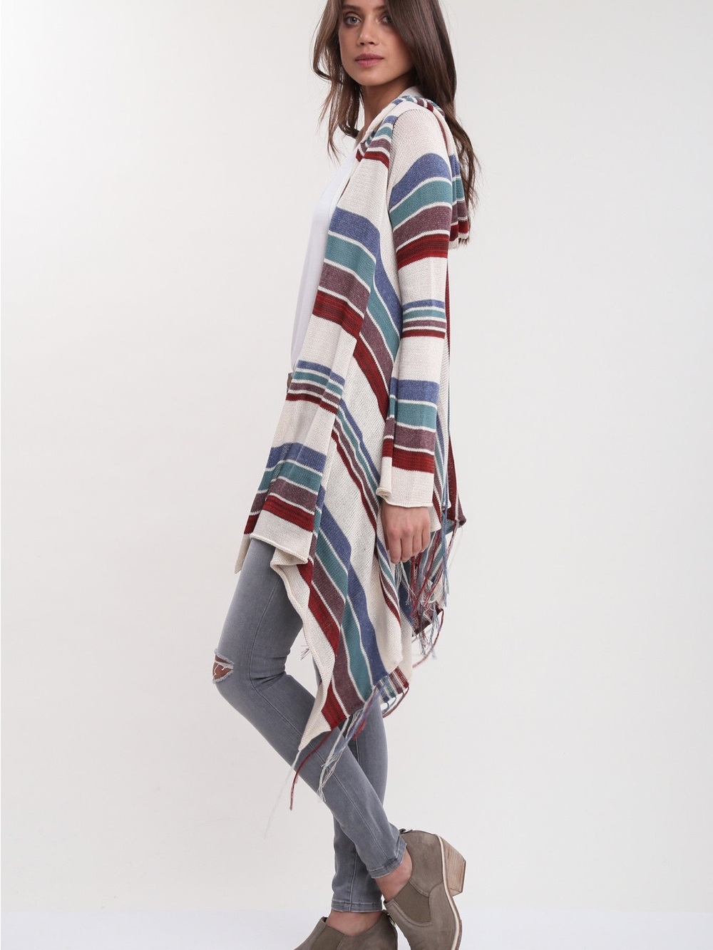 Goddis Linsey Hooded Wrap with Fringe – Boho Knit Cardigan